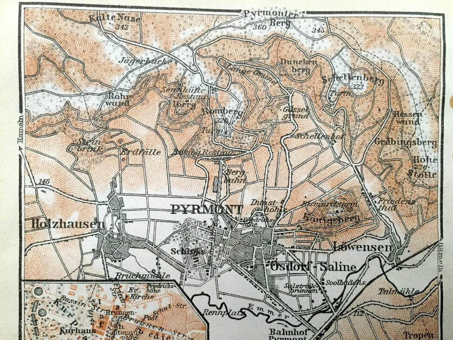 Antique 1925 Hamelin Pyrmont, Germany Map from Baedekers Guide Atlas – Holzhausen, Osdorf, Saline, Lowensen, Schloss, Lower Saxony, Weser