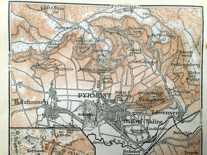 Antique 1925 Hamelin Pyrmont, Germany Map from Baedekers Guide Atlas – Holzhausen, Osdorf, Saline, Lowensen, Schloss, Lower Saxony, Weser