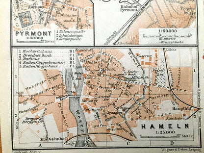 Antique 1925 Hamelin Pyrmont, Germany Map from Baedekers Guide Atlas – Holzhausen, Osdorf, Saline, Lowensen, Schloss, Lower Saxony, Weser
