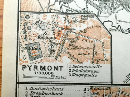 Antique 1925 Hamelin Pyrmont, Germany Map from Baedekers Guide Atlas – Holzhausen, Osdorf, Saline, Lowensen, Schloss, Lower Saxony, Weser
