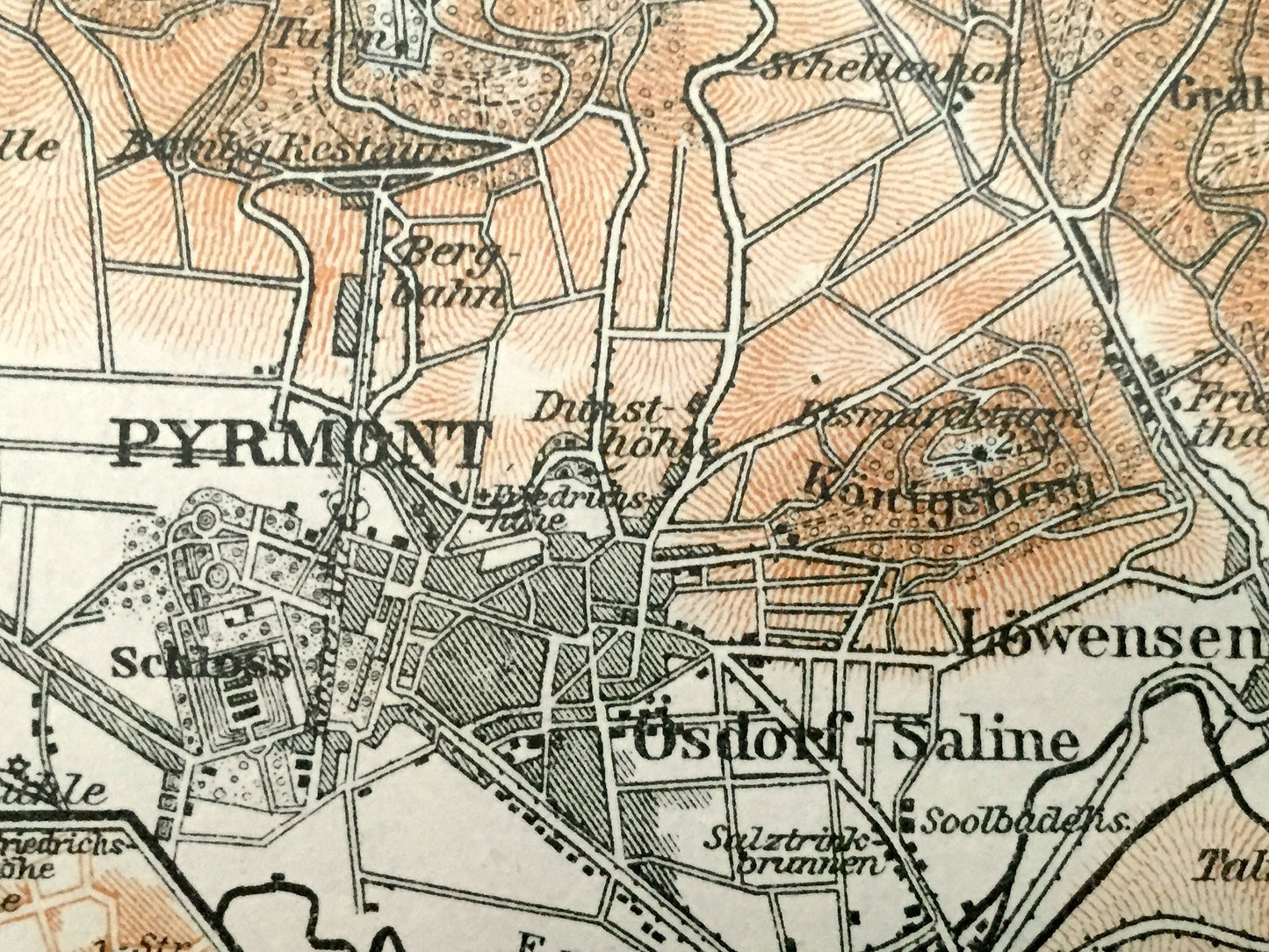 Antique 1925 Hamelin Pyrmont, Germany Map from Baedekers Guide Atlas – Holzhausen, Osdorf, Saline, Lowensen, Schloss, Lower Saxony, Weser