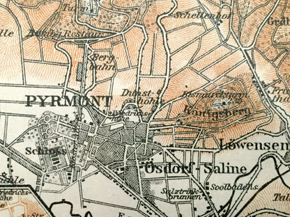 Antique 1925 Hamelin Pyrmont, Germany Map from Baedekers Guide Atlas – Holzhausen, Osdorf, Saline, Lowensen, Schloss, Lower Saxony, Weser
