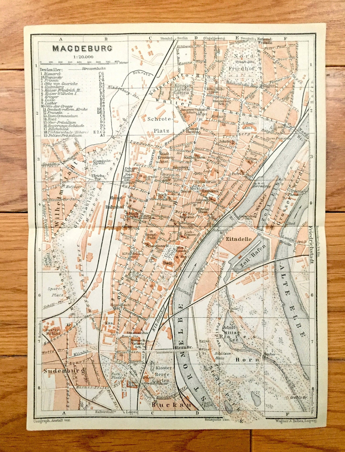 Antique 1925 Magdeburg, Germany Map from Baedekers Guide Atlas – Elbe River, Sudenbur, Horn, Buckau, Zitadelle, Saxony-Anhalt, medieval