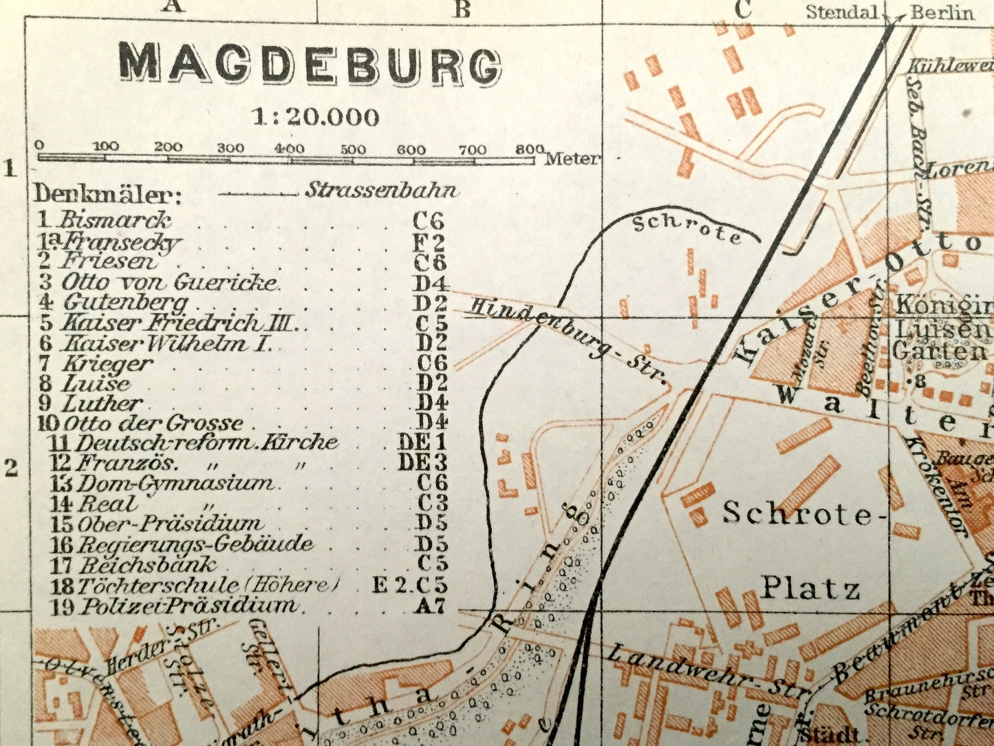 Antique 1925 Magdeburg, Germany Map from Baedekers Guide Atlas – Elbe River, Sudenbur, Horn, Buckau, Zitadelle, Saxony-Anhalt, medieval