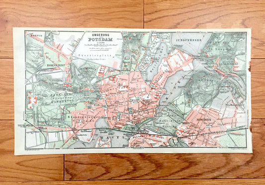 Antique 1925 Umgebung von Potsdam, Germany Map from Baedekers Guide Atlas –Bornstedt, Bornim, Havel, Nowawes, Babelsberg, Jungfernsee