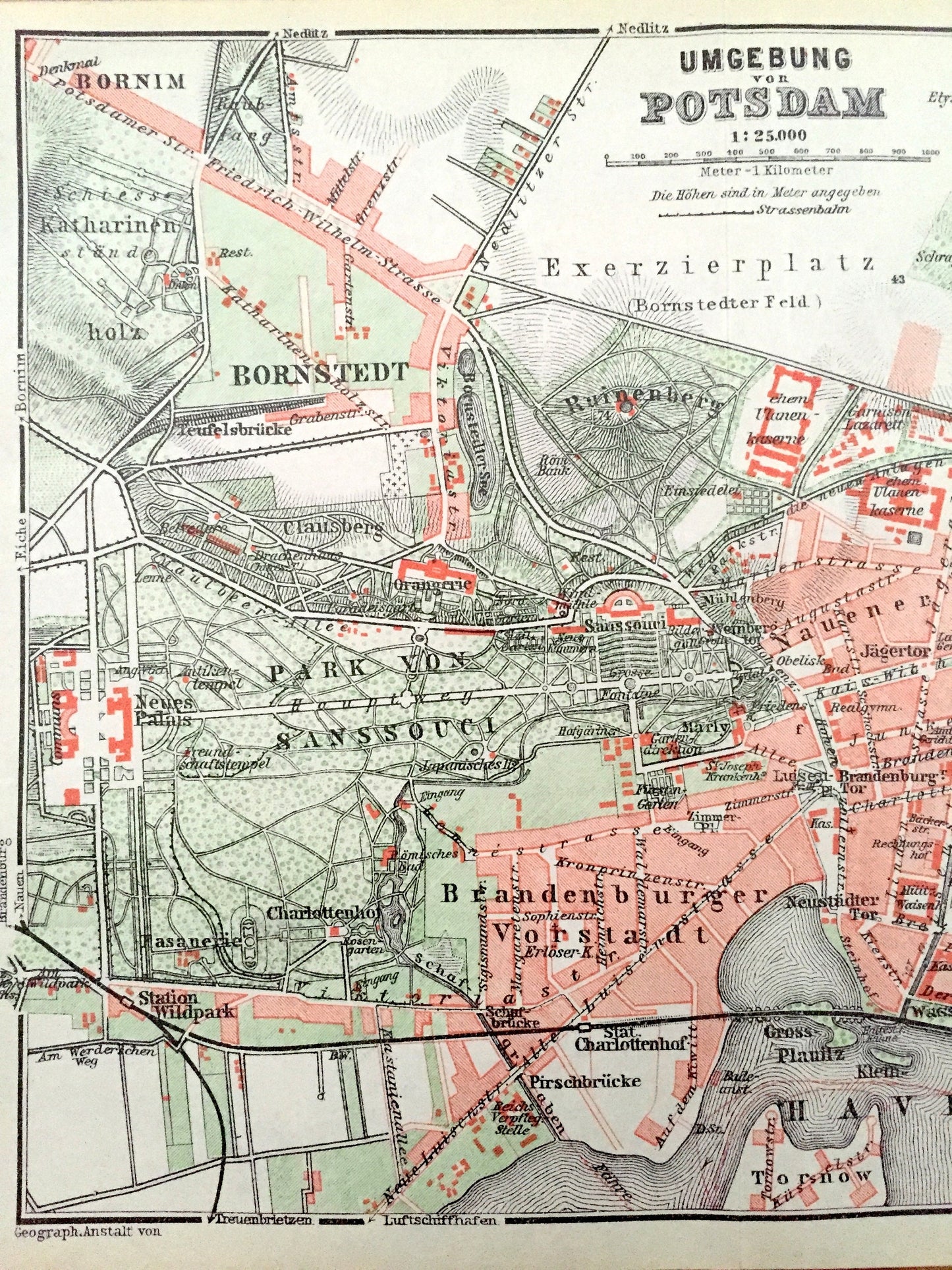 Antique 1925 Umgebung von Potsdam, Germany Map from Baedekers Guide Atlas –Bornstedt, Bornim, Havel, Nowawes, Babelsberg, Jungfernsee