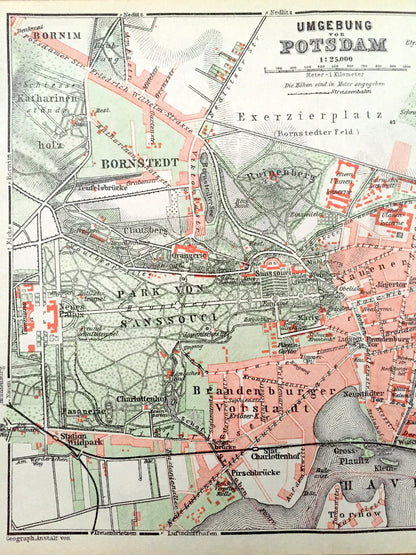 Antique 1925 Umgebung von Potsdam, Germany Map from Baedekers Guide Atlas –Bornstedt, Bornim, Havel, Nowawes, Babelsberg, Jungfernsee