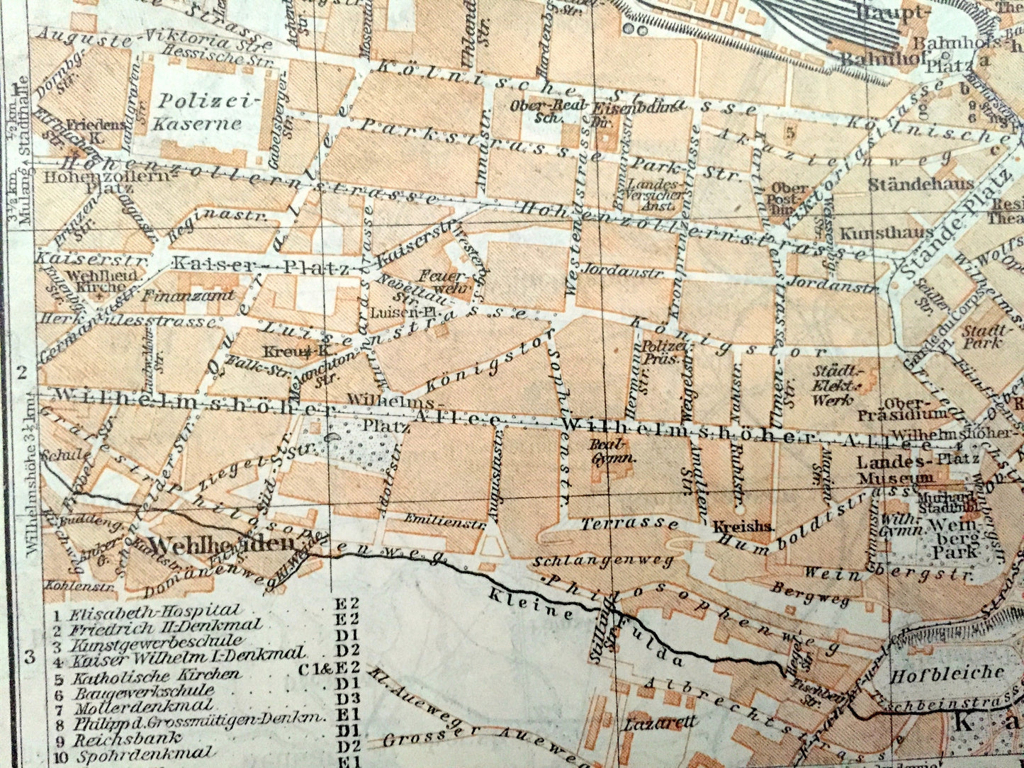 Antique 1925 Cassel, Germany Map from Baedekers Guide Atlas – Waldau, Wolfsanger, Habichts, Wald, Hoof, Weimar, Niederzwehren, Simmerhausen