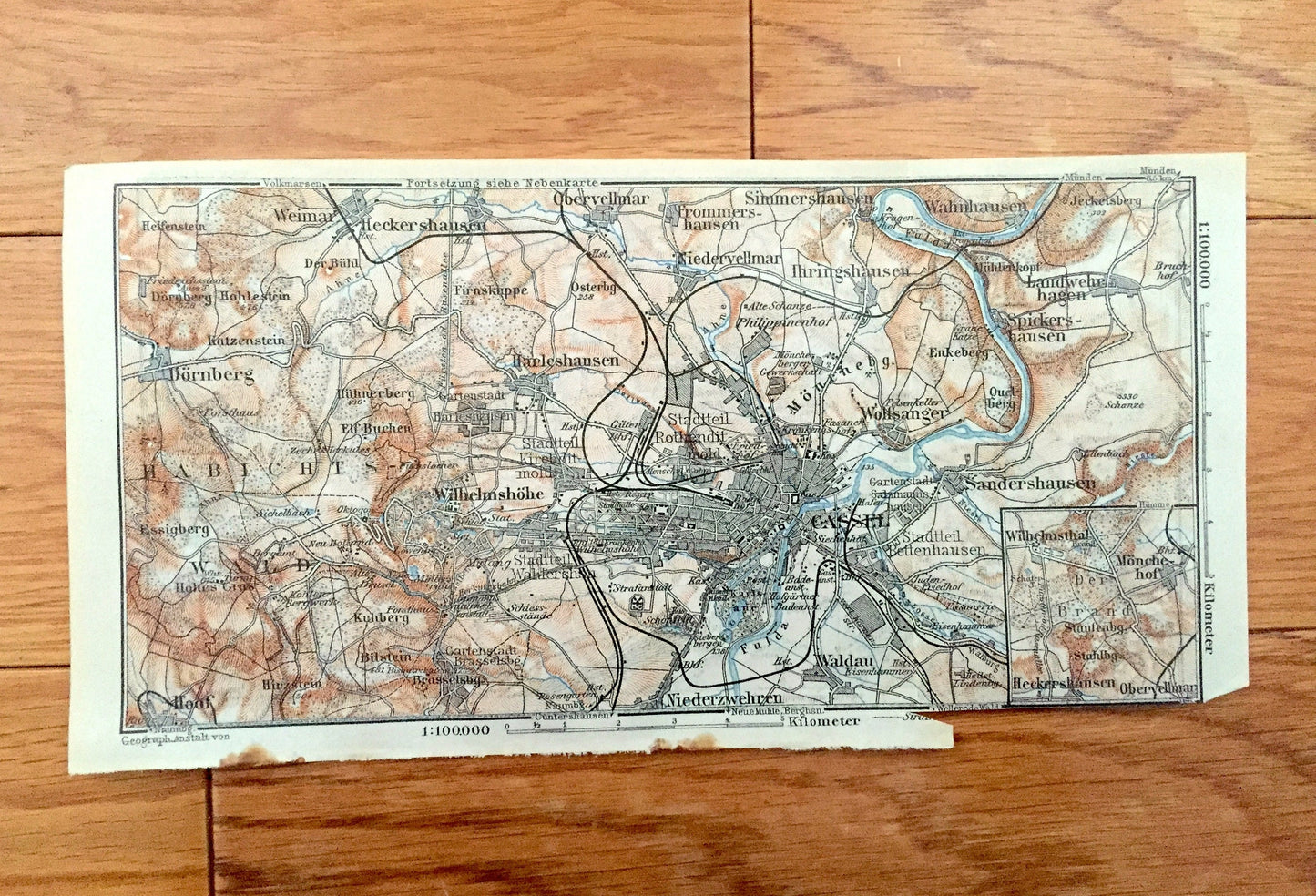 Antique 1925 Cassel, Germany Map from Baedekers Guide Atlas – Waldau, Wolfsanger, Habichts, Wald, Hoof, Weimar, Niederzwehren, Simmerhausen