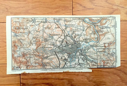 Antique 1925 Cassel, Germany Map from Baedekers Guide Atlas – Waldau, Wolfsanger, Habichts, Wald, Hoof, Weimar, Niederzwehren, Simmerhausen