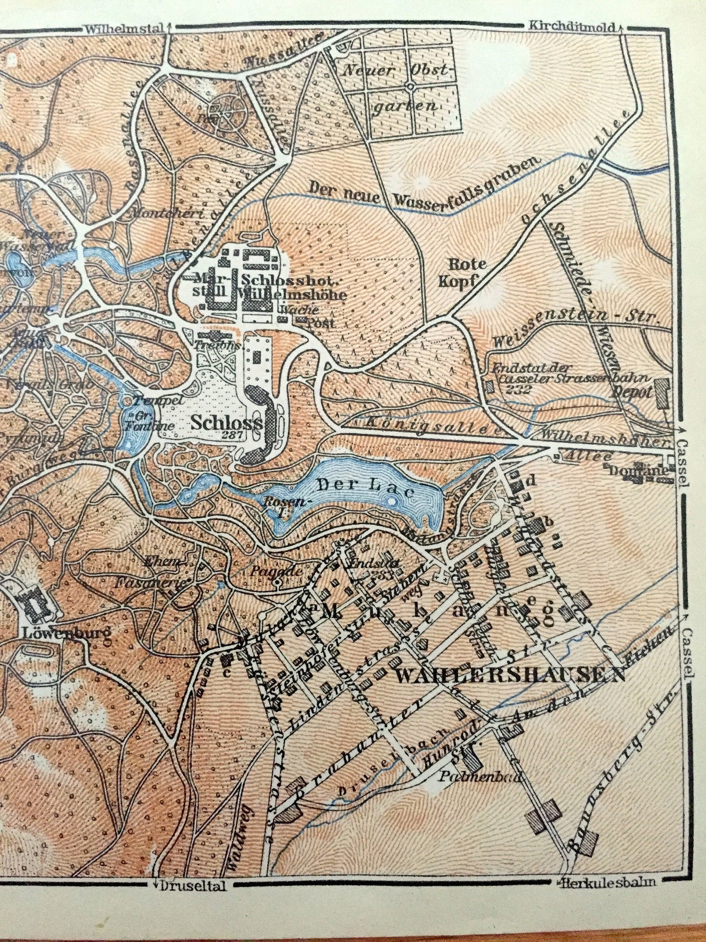 Antique 1925 Wilhelmshohe, Germany Map from Baedekers Guide Atlas – Schloss, Karlsberg, Seeberg, Wahlershausen, Der Lac, Lowenburg, Cassel