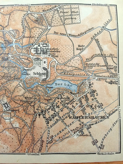 Antique 1925 Wilhelmshohe, Germany Map from Baedekers Guide Atlas – Schloss, Karlsberg, Seeberg, Wahlershausen, Der Lac, Lowenburg, Cassel