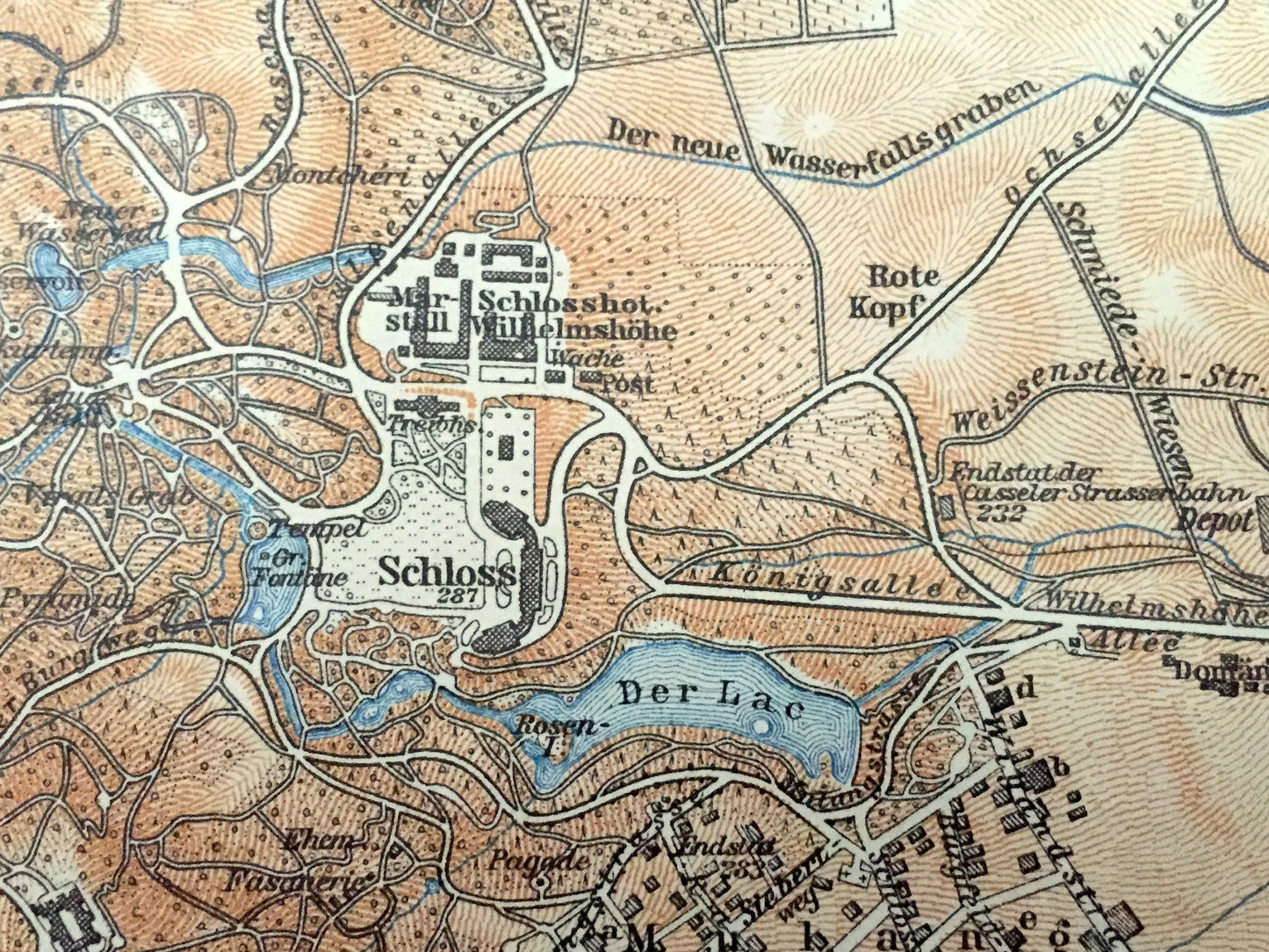 Antique 1925 Wilhelmshohe, Germany Map from Baedekers Guide Atlas – Schloss, Karlsberg, Seeberg, Wahlershausen, Der Lac, Lowenburg, Cassel