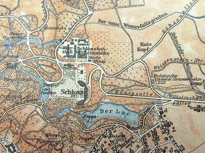 Antique 1925 Wilhelmshohe, Germany Map from Baedekers Guide Atlas – Schloss, Karlsberg, Seeberg, Wahlershausen, Der Lac, Lowenburg, Cassel