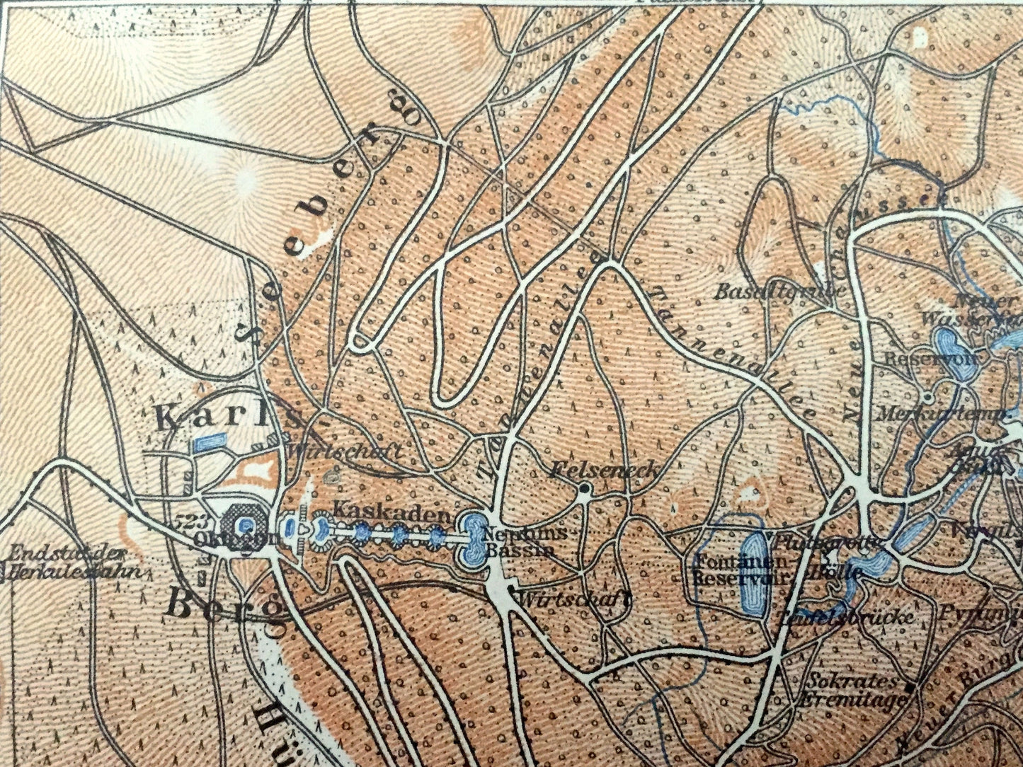 Antique 1925 Wilhelmshohe, Germany Map from Baedekers Guide Atlas – Schloss, Karlsberg, Seeberg, Wahlershausen, Der Lac, Lowenburg, Cassel