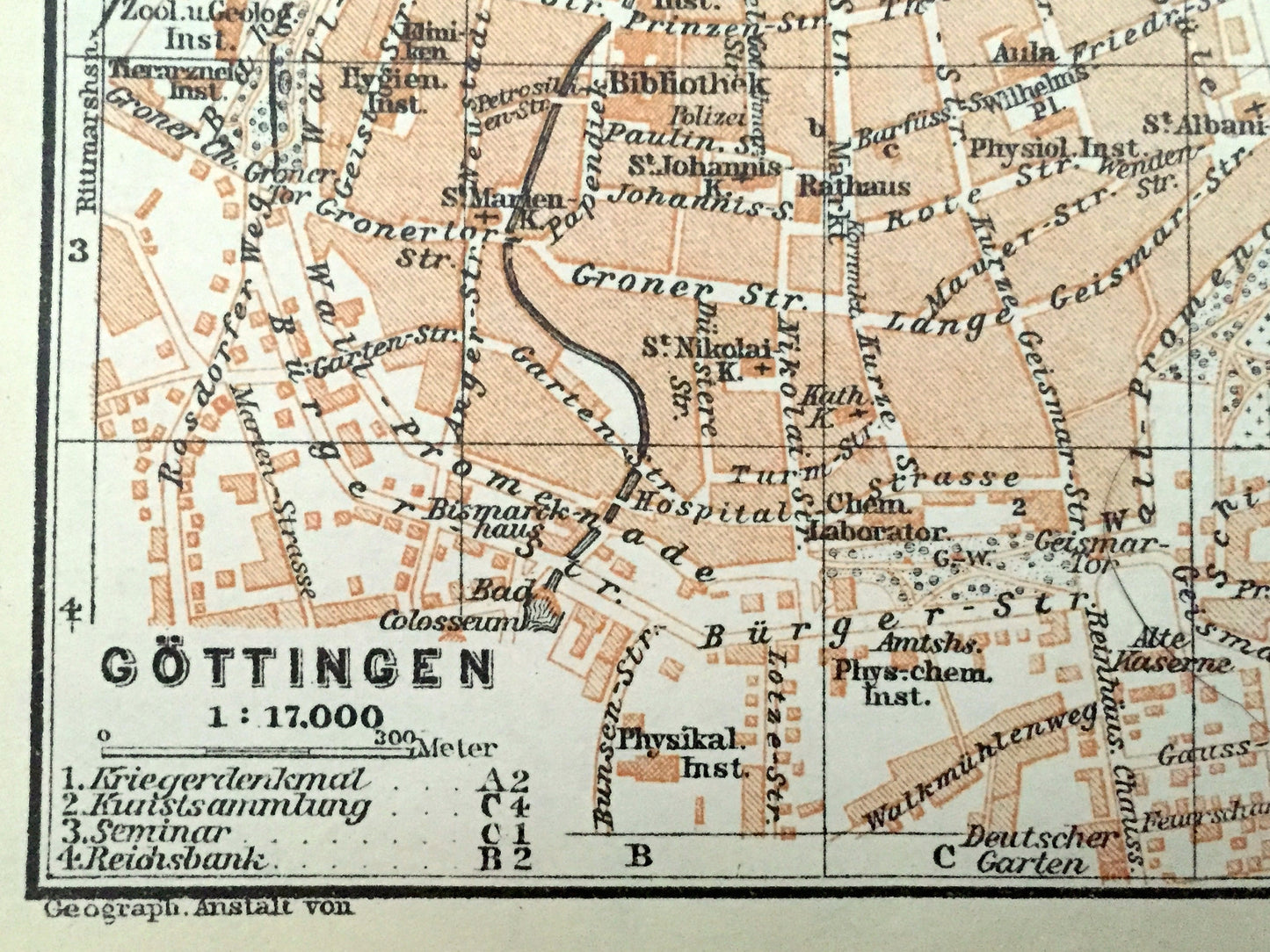 Antique 1925 Gottingen and Munden, Germany Map from Baedekers Guide Atlas – Blume, Andrees Berg, Mundener, Weser River, Fulda River, Park