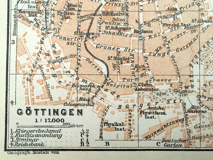 Antique 1925 Gottingen and Munden, Germany Map from Baedekers Guide Atlas – Blume, Andrees Berg, Mundener, Weser River, Fulda River, Park