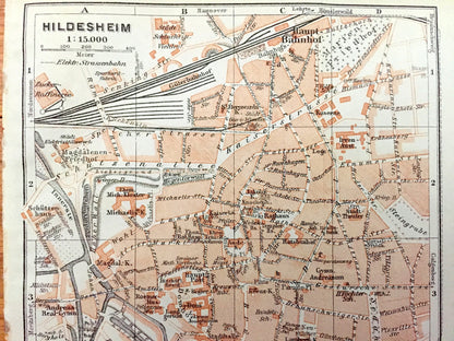 Antique 1925 Hildesheim, Germany Map from Baedekers Guide Atlas – Lower Saxony, Innerste River, Leine River, Haupt-Bahnhof, Ost-Bahnhof