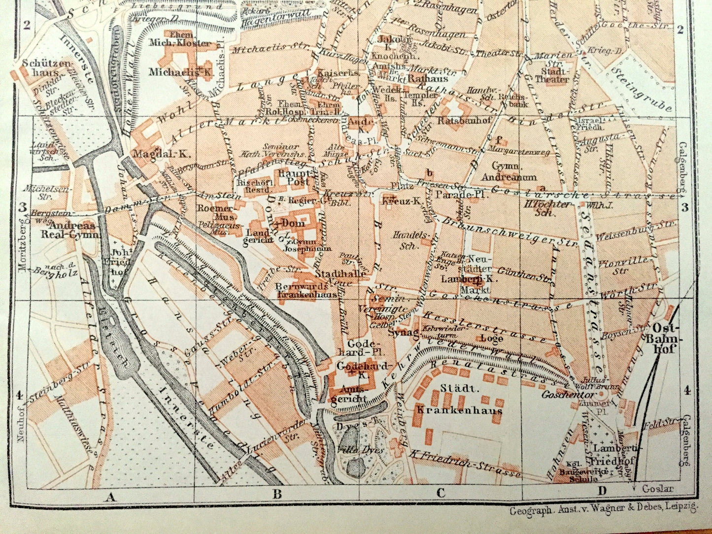 Antique 1925 Hildesheim, Germany Map from Baedekers Guide Atlas – Lower Saxony, Innerste River, Leine River, Haupt-Bahnhof, Ost-Bahnhof