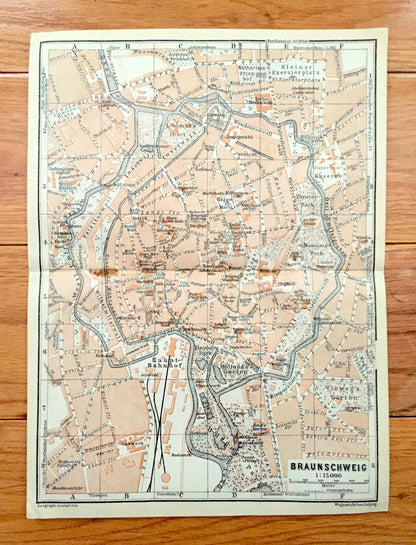 Antique 1925 Braunschweig, Germany Map from Baedekers Guide Atlas – Brunswick, palace, monument, Lower Saxony, Oker River, medieval, kaserne