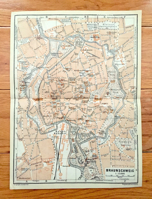 Antique 1925 Braunschweig, Germany Map from Baedekers Guide Atlas – Brunswick, palace, monument, Lower Saxony, Oker River, medieval, kaserne
