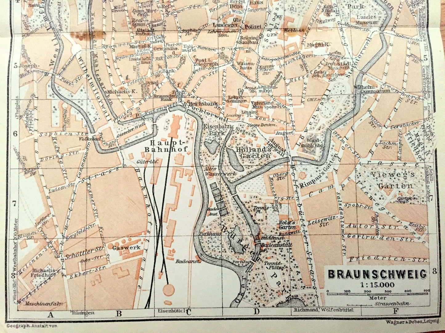Antique 1925 Braunschweig, Germany Map from Baedekers Guide Atlas – Brunswick, palace, monument, Lower Saxony, Oker River, medieval, kaserne
