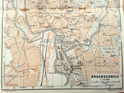 Antique 1925 Braunschweig, Germany Map from Baedekers Guide Atlas – Brunswick, palace, monument, Lower Saxony, Oker River, medieval, kaserne