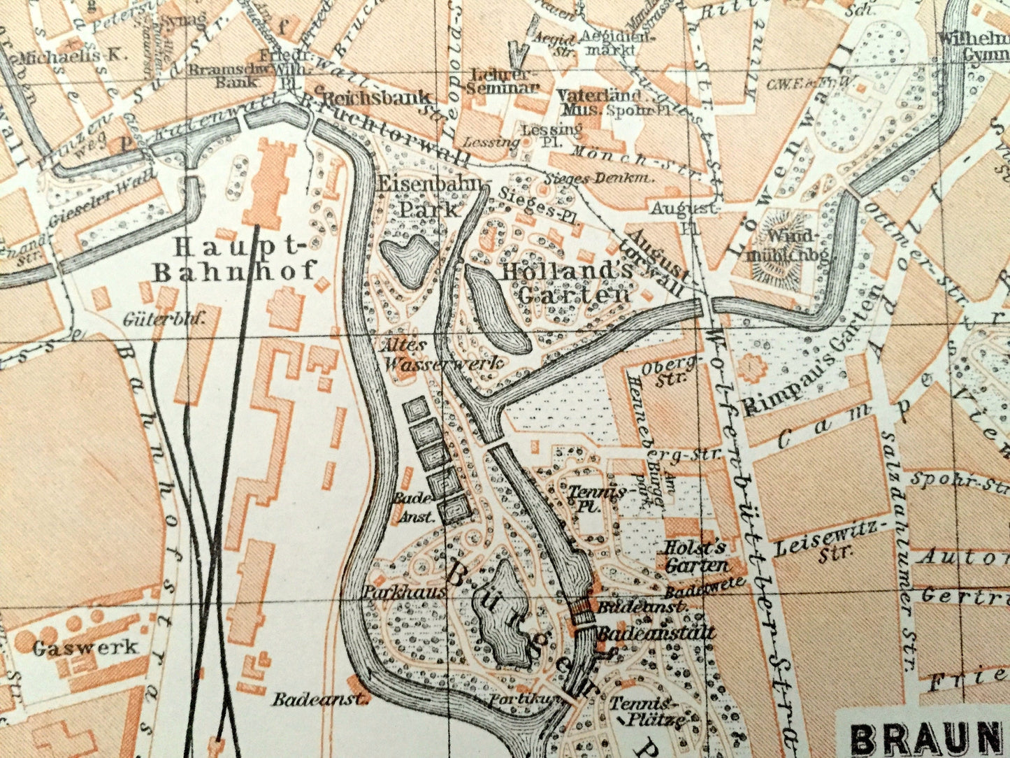 Antique 1925 Braunschweig, Germany Map from Baedekers Guide Atlas – Brunswick, palace, monument, Lower Saxony, Oker River, medieval, kaserne
