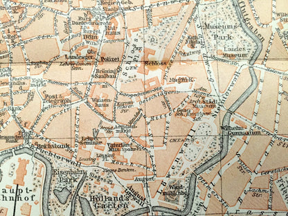 Antique 1925 Braunschweig, Germany Map from Baedekers Guide Atlas – Brunswick, palace, monument, Lower Saxony, Oker River, medieval, kaserne