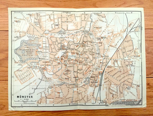 Antique 1925 Munster, Germany Map from Baedekers Guide Atlas – Bahnhof, Stadthafen, Schloss, Ludgeritor, Dom, Horster, Neutor, Himmelreich
