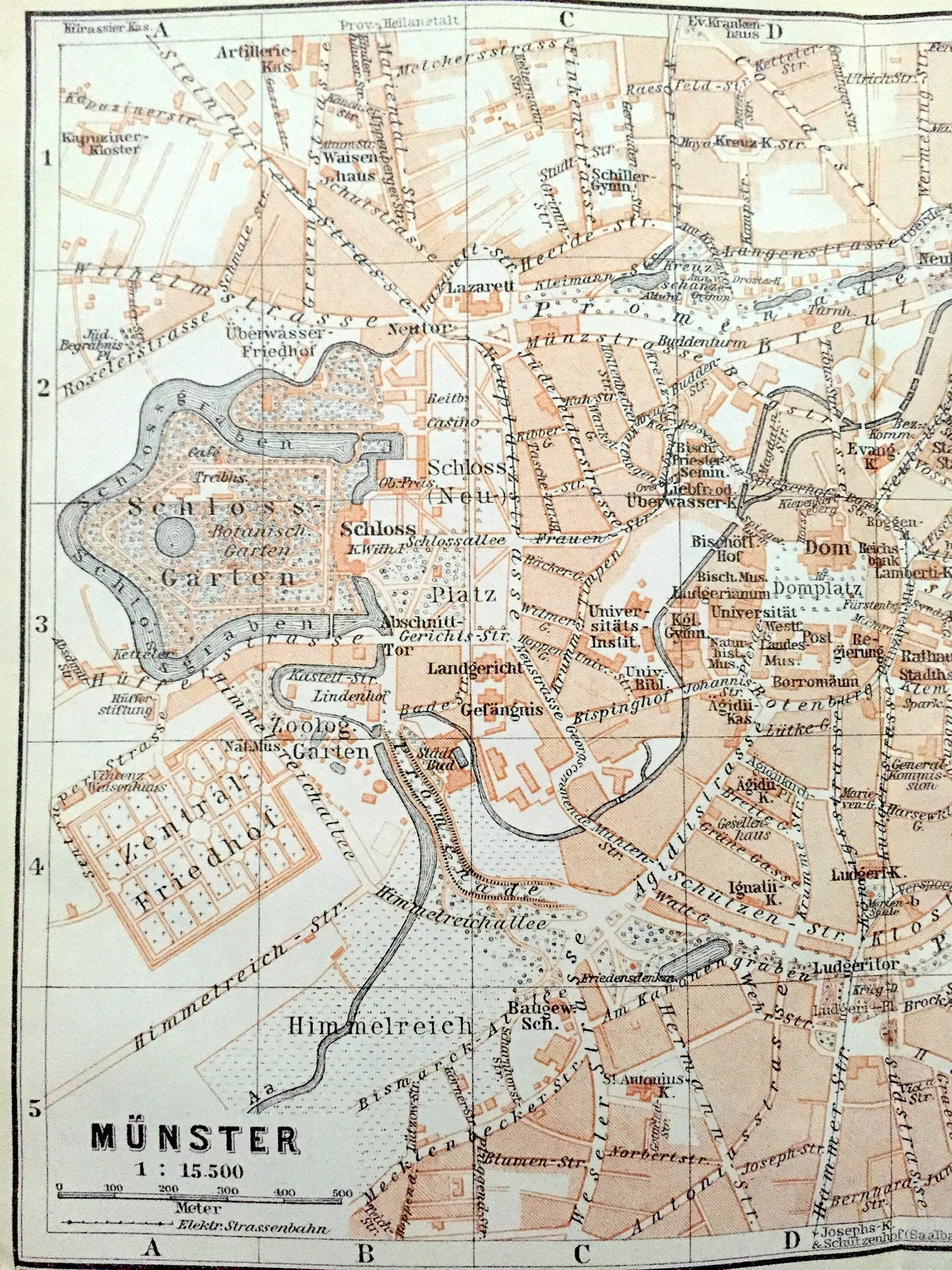 Antique 1925 Munster, Germany Map from Baedekers Guide Atlas – Bahnhof, Stadthafen, Schloss, Ludgeritor, Dom, Horster, Neutor, Himmelreich