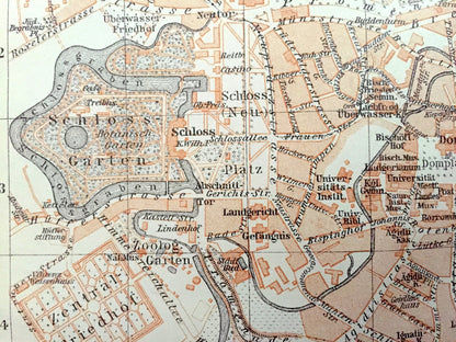 Antique 1925 Munster, Germany Map from Baedekers Guide Atlas – Bahnhof, Stadthafen, Schloss, Ludgeritor, Dom, Horster, Neutor, Himmelreich