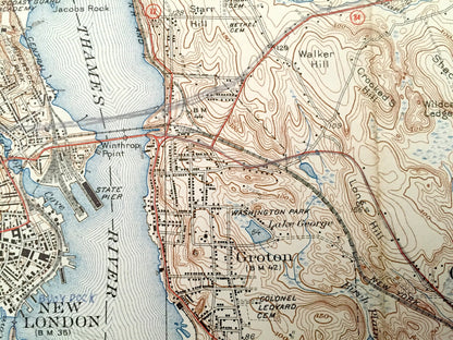 Antique New London, Connecticut 1938 US Geological Survey Topographic Map – Groton, Waterford, Coast Guard, Southold, Fisher Island, Lyme CT