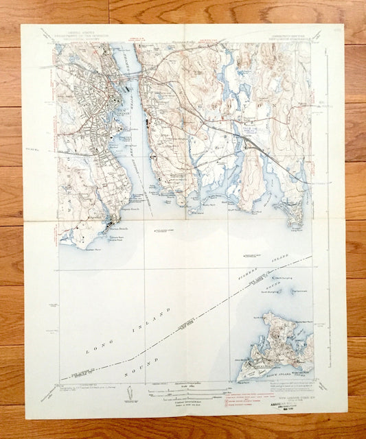 Antique New London, Connecticut 1938 US Geological Survey Topographic Map – Groton, Waterford, Coast Guard, Southold, Fisher Island, Lyme CT