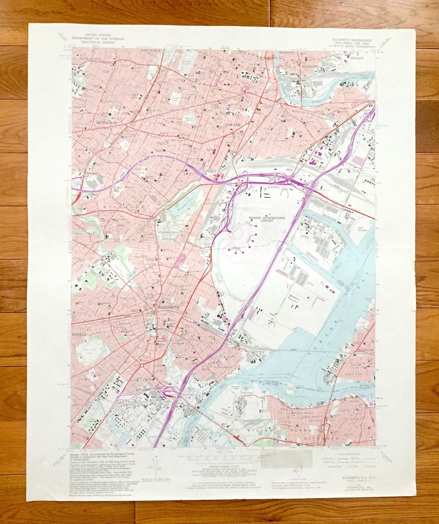 Antique Elizabeth, New Jersey 1967 US Geological Survey Topographic Map – Union, Essex, Hudson, Richmond County, Staten Island Newark NJ NY