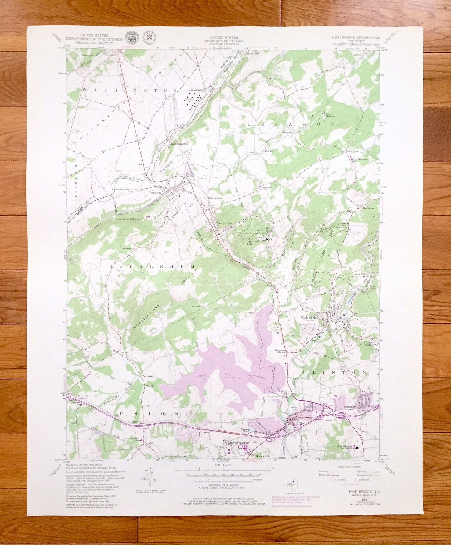 Antique High Bridge, New Jersey 1954 US Geological Survey Topographic Map – Warren, Hunterdon County, Washington, Bethlehem, Lebanon, NJ