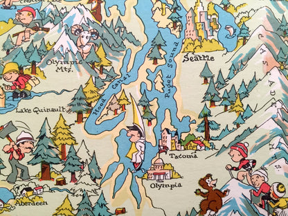 Antique 1935 Washington State Map from Our Gay Geography by Ruth Taylor – Seattle, Olympia, Tacoma, Orcas Island, Bellevue, Spokane, Kent WA