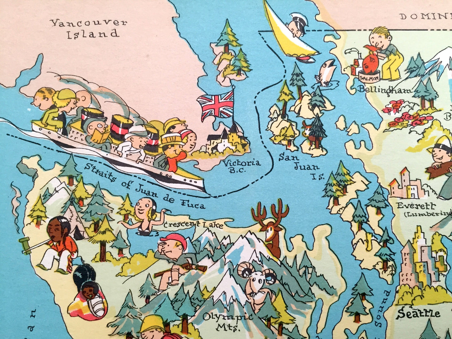 Antique 1935 Washington State Map from Our Gay Geography by Ruth Taylor – Seattle, Olympia, Tacoma, Orcas Island, Bellevue, Spokane, Kent WA