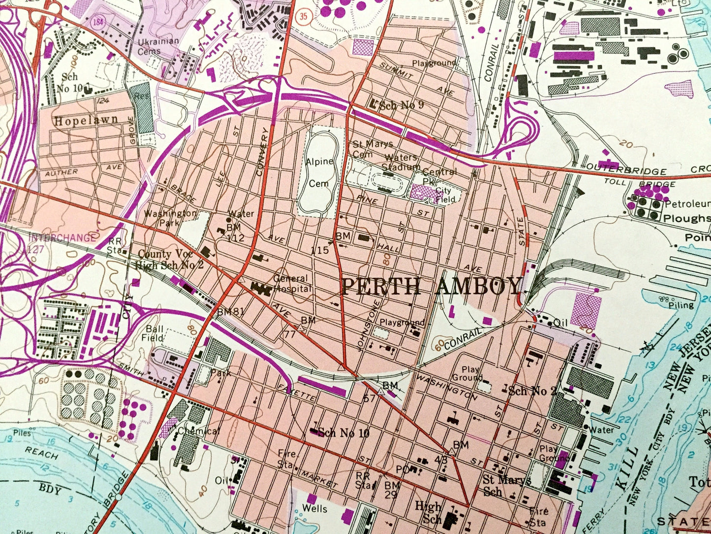 Antique Perth Amboy, New Jersey 1956 US Geological Survey Topographic Map – Union, Middlesex County, Scotch Plains, Woodbridge, Rahway, NJ