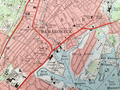 Antique Mamaroneck, New York 1967 US Geological Survey Topographic Map – Westchester, Nassau County, Queens, White Plains Rye Connecticut NY