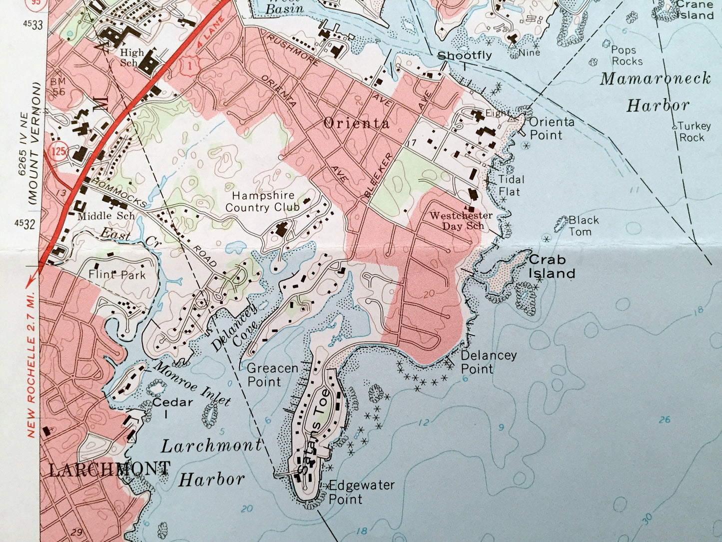 Antique Mamaroneck, New York 1967 US Geological Survey Topographic Map – Westchester, Nassau County, Queens, White Plains Rye Connecticut NY