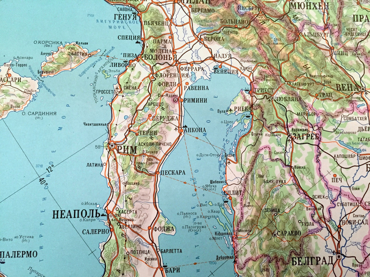 Antique SOVIET Mediterranean Sea 1980 Russian Army *Wall Size* Survey Map – Europe Africa Middle East Italy Holy Land France Germany Turkey