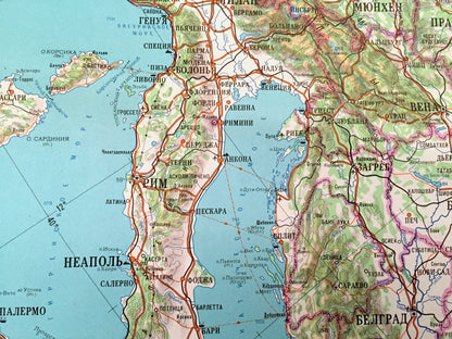 Antique SOVIET Mediterranean Sea 1980 Russian Army *Wall Size* Survey Map – Europe Africa Middle East Italy Holy Land France Germany Turkey