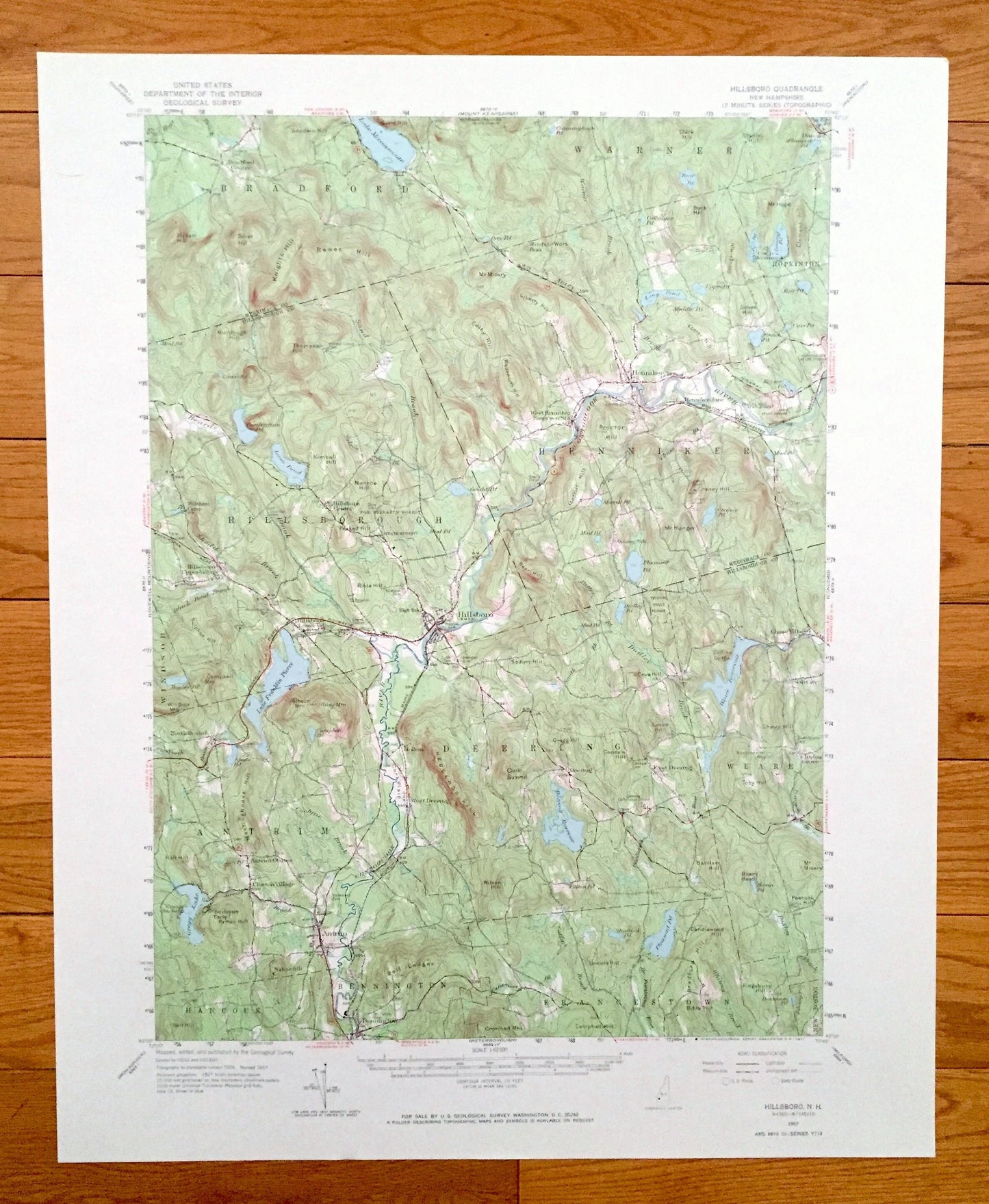 Antique Hillsboro, New Hampshire 1957 US Geological Survey Topographic Map – Merrimack County, Bradford, Warner, Henniker, Deering, Weare NH