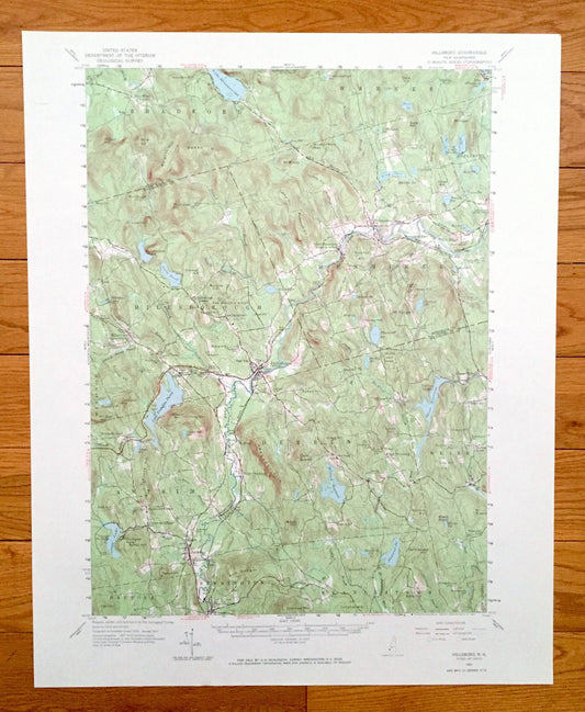 Antique Hillsboro, New Hampshire 1957 US Geological Survey Topographic Map – Merrimack County, Bradford, Warner, Henniker, Deering, Weare NH