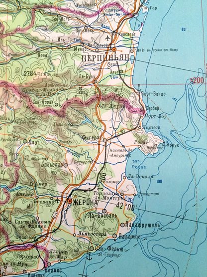 Antique SOVIET France, Spain, Italy & North Africa 1972 Russian Army Survey Map – Sardinia, Corsica, Barcelona, Monaco, Azure Coast, Ibiza
