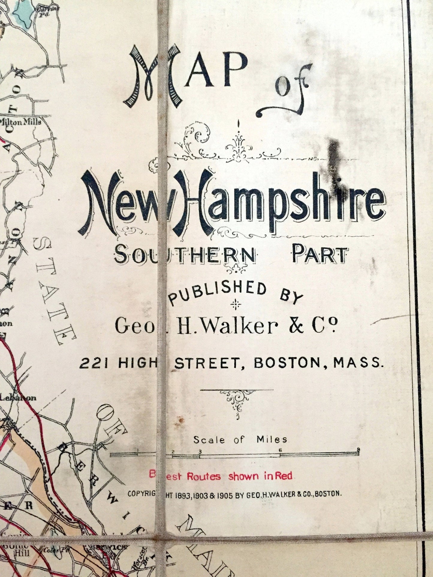 Antique Southern New Hampshire 1905 George H Walker & Co Automobile Map – Portsmouth, Winnipesaukee, Manchester, Newburyport Sunapee Lake NH