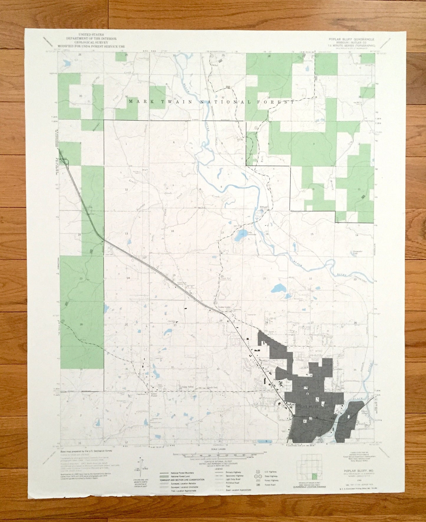 Antique Poplar Bluff, Missouri 1966 US Geological Survey Topographic Map – Butler County, Wilby, Hilliard, Loma Linda, Green Forest, MO
