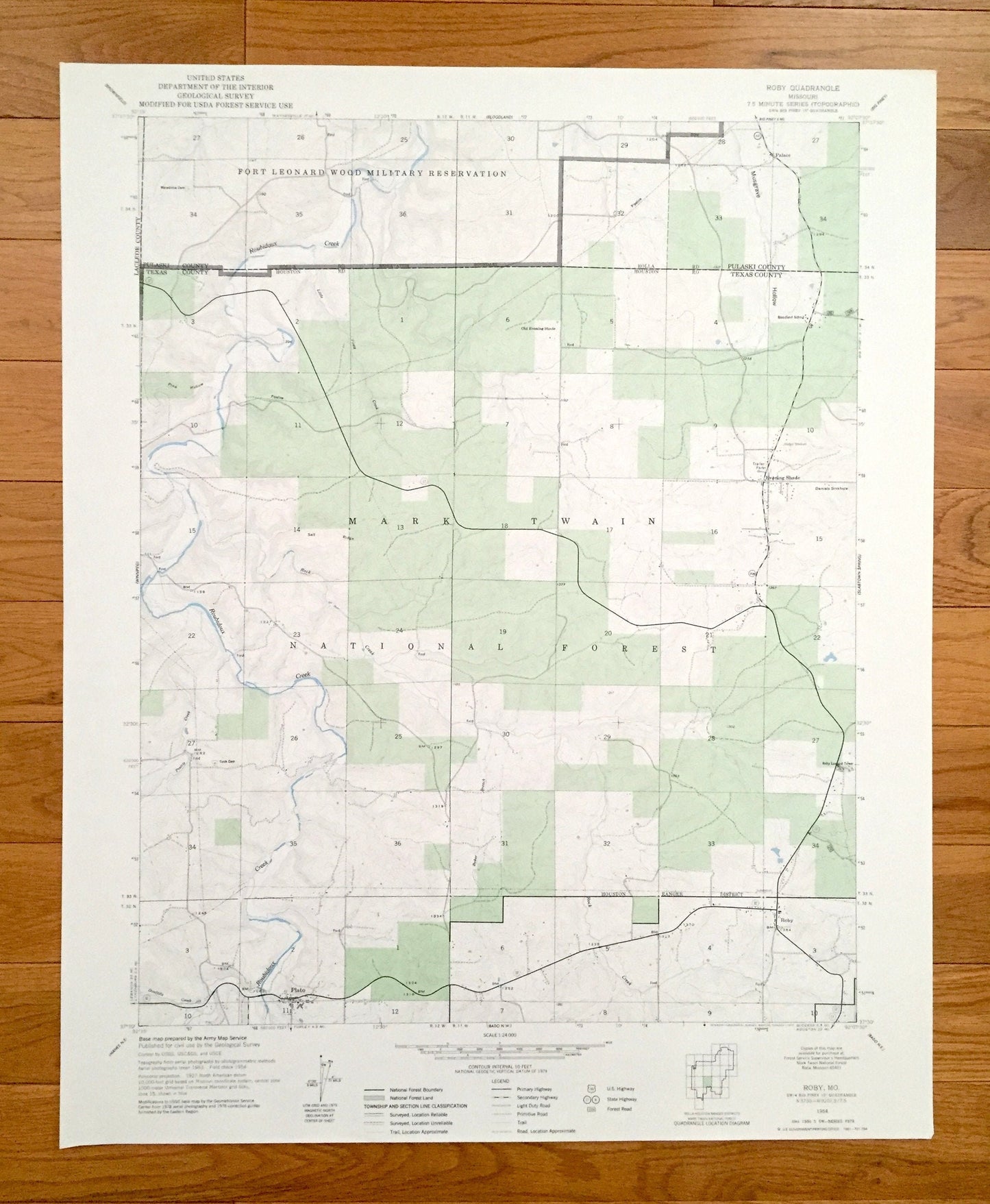 Antique Roby, Missouri 1954 US Geological Survey Topographic Map – Laclede, Pulaski, Texas County, Plato, Evening Shade, Palace, MO