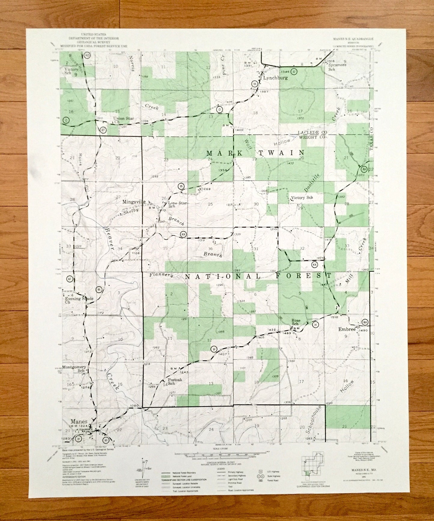 Antique Manes NE, Missouri 1941 US Geological Survey Topographic Map – Laclede, Texas, Wright County, Lynchburg, Mingsville, Embree, MO